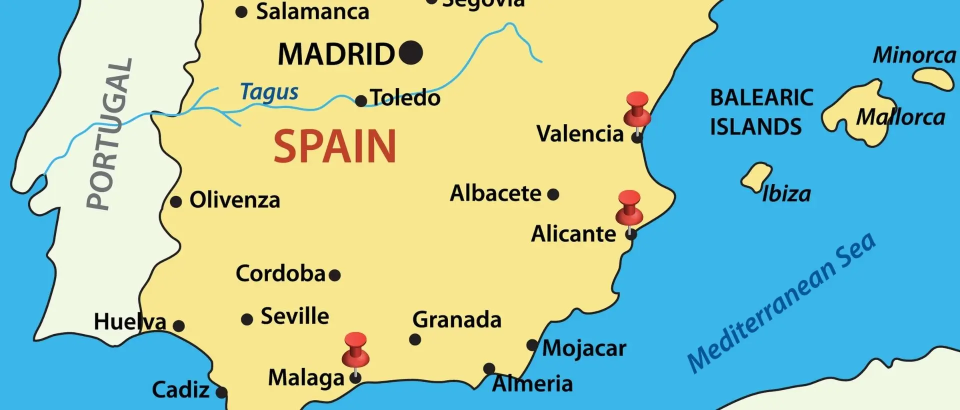 Top regions to buy property in Spain – Málaga, Alicante and Valencia highlighted on the map