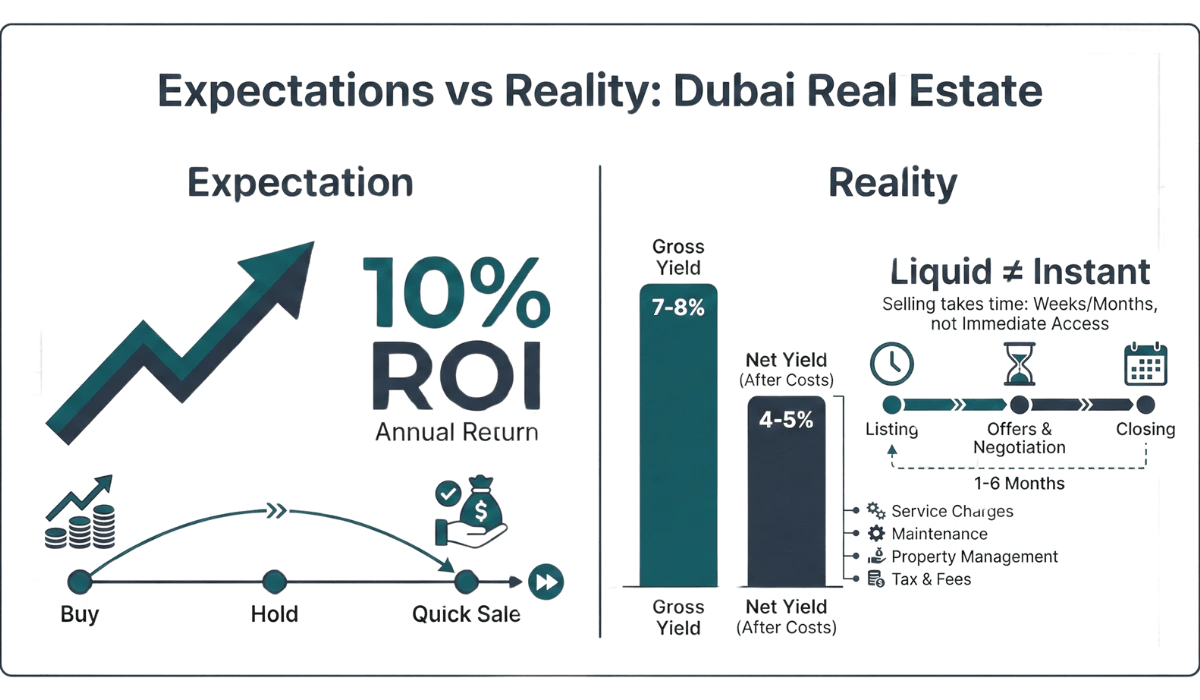 Comparison of expectations versus reality in Dubai real estate investment, showing net yield and liquidity timelines