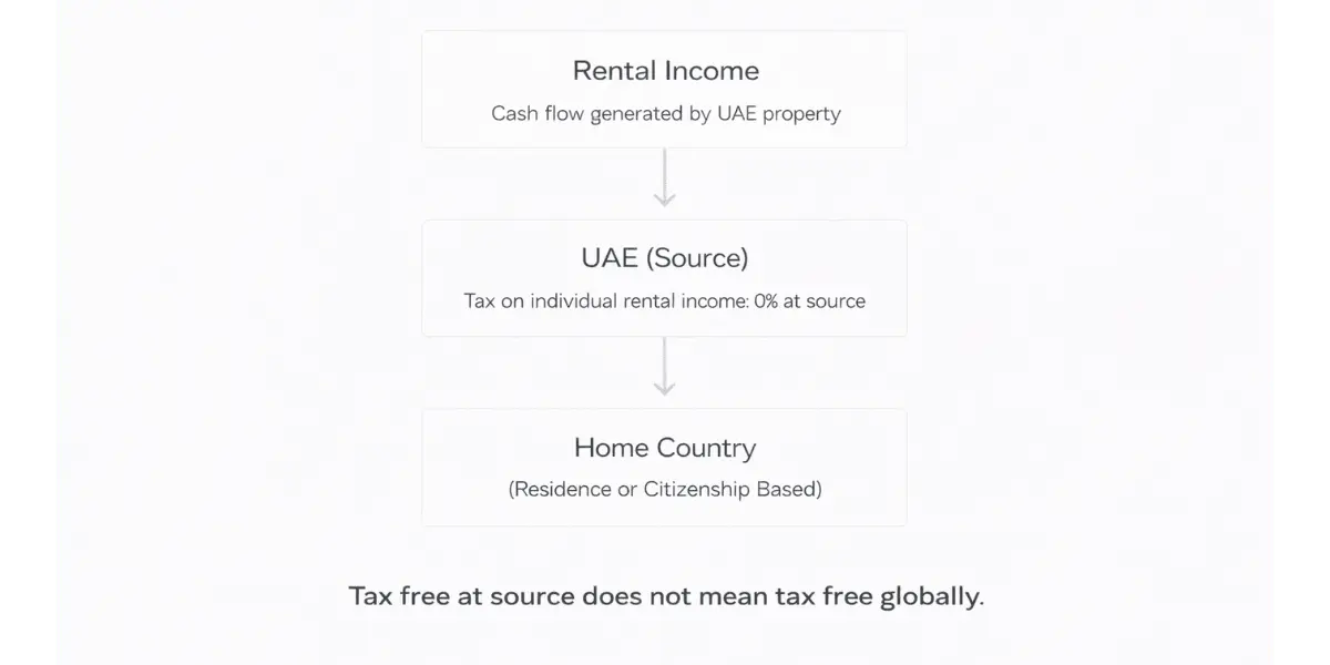 Flow diagram illustrating rental income from UAE property taxed at source versus reporting and taxation in the investor’s home country