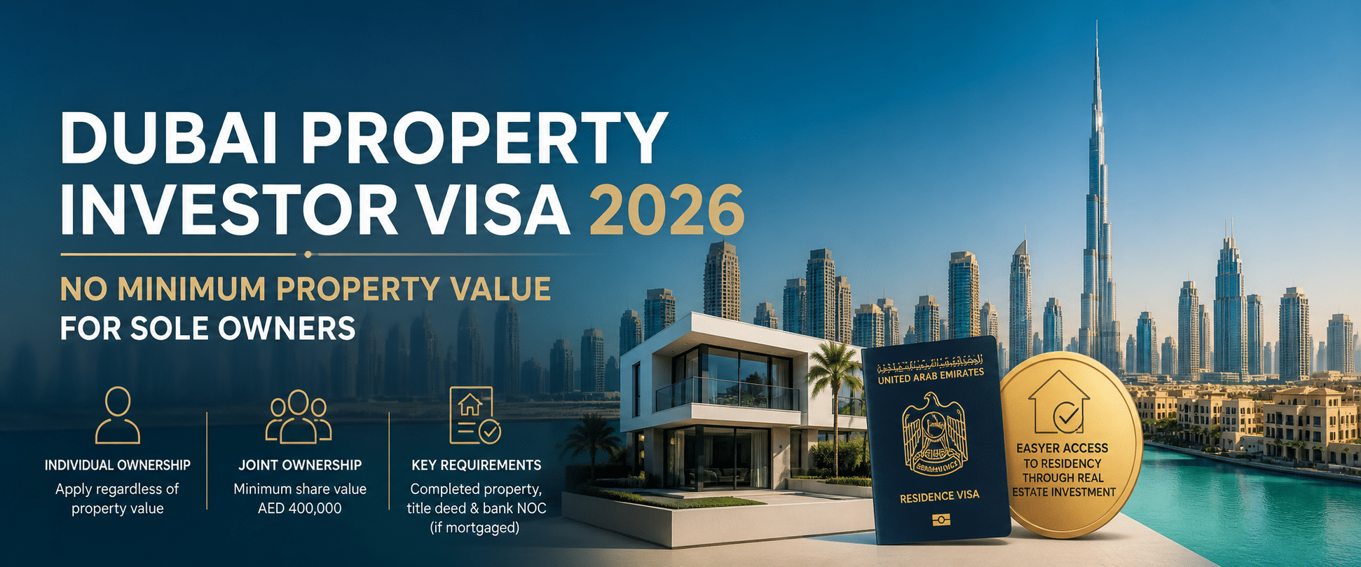 Dubai skyline with Burj Khalifa and luxury villa representing 2026 property investor visa update with no minimum investment requirement for sole owners