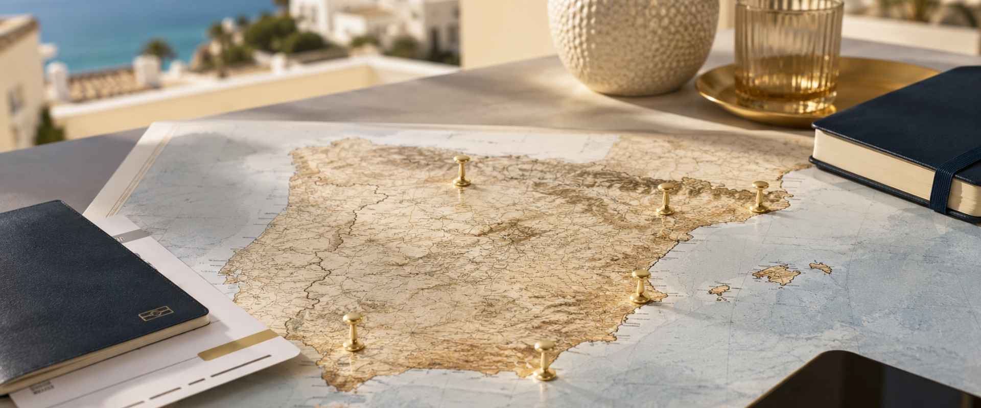 Spain property location planning map with investment notes and travel documents