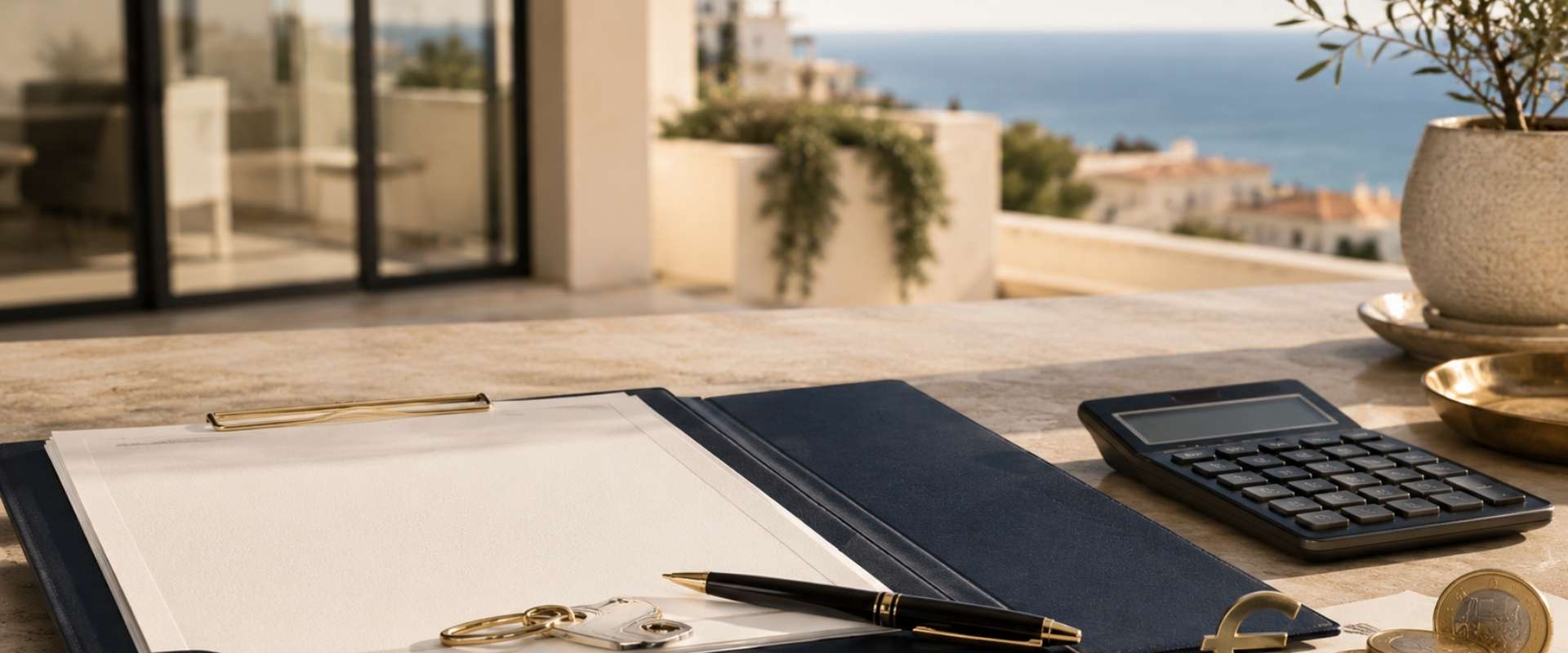 Real estate due diligence documents with keys and calculator for buying property in Spain